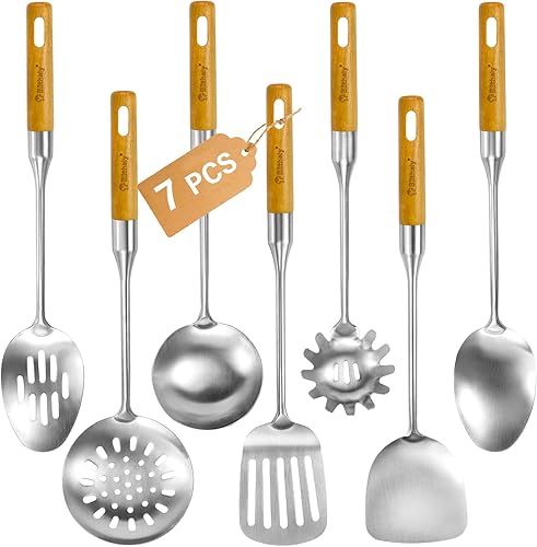 Juego de utensilios de cocina grandes de acero inoxidable, juego de 7 utensilios de cocina con mango de madera, juego de herramientas de espátula