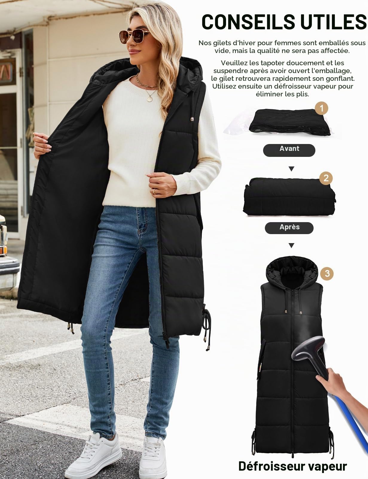 Vancavoo Doudoune Longue Sans Manche Femme,Veste Longue Sans Manche Manteaux Extérieure à Courtepointe Blouson Capuche Gilet Sans Manche Hiver