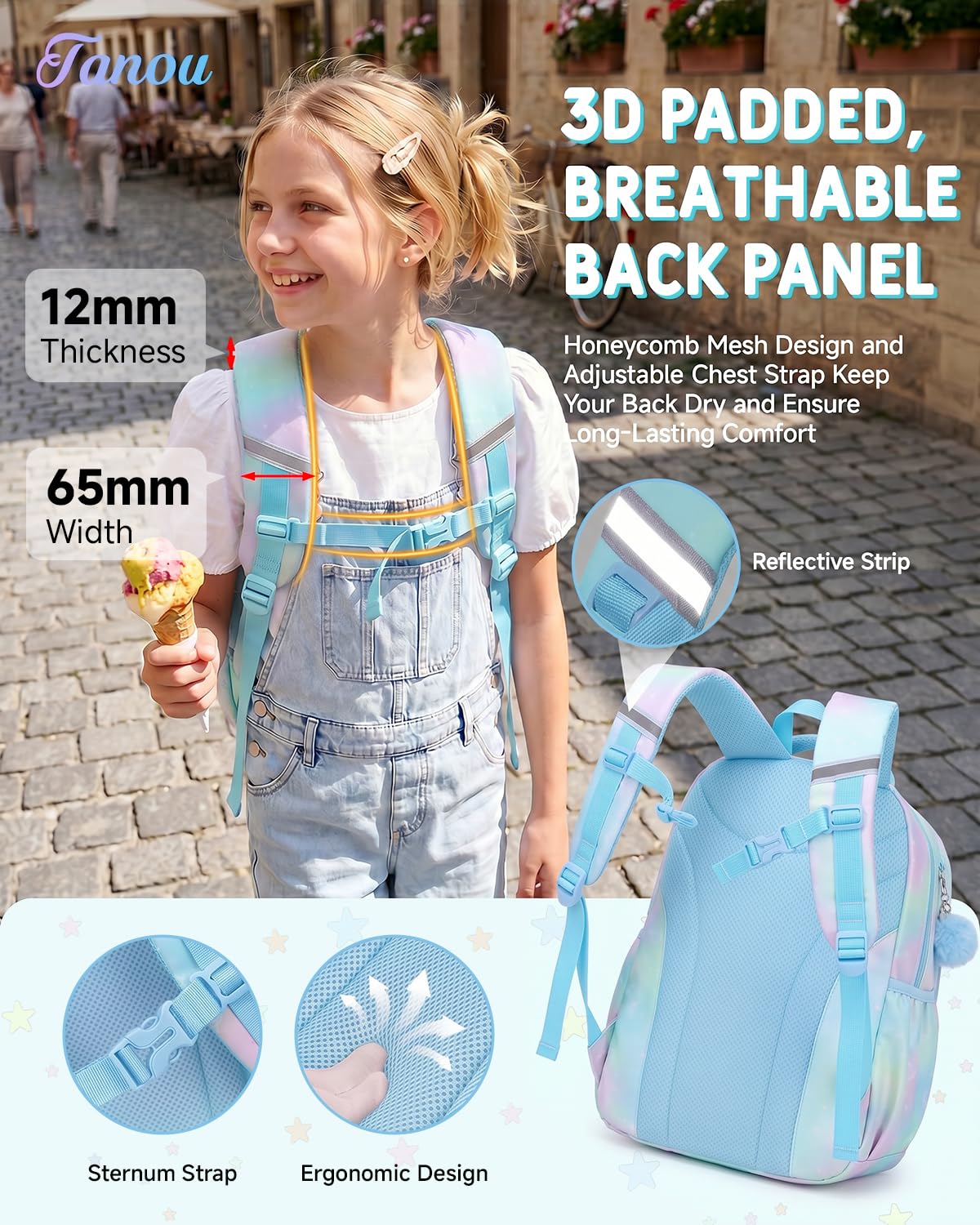 Tanou Schultasche Mädchen Rucksack Schule Mädchen der 1. bis 4. Klasse | Schulrucksack für Mädchen Atmungsaktiv, Wasserabweisender Nylon Kinder Schulranzen, Blau