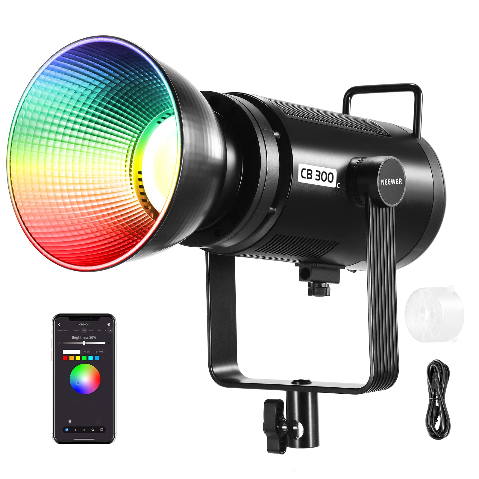 NEEWER CB 300C Luz Vídeo LED 300W con Reflector, Montaje Bowens, 155000Lux/1m 5600K COB Iluminación Continua CRI97+/TLCI97+ Foco Estudio Regulable, App/2,4G/Control Integrado para Grabación Películas
