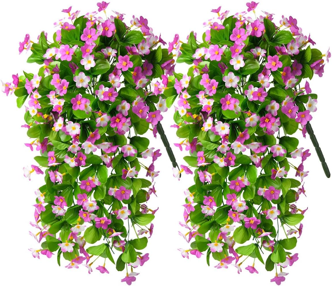 ZFProcess Artificial Fake Hanging Flowers for Outdoors, 2 Pcs Artificial Hanging Plants Outdoors Spring Summer Decor, UV Resistant Faux Violet Silk Flowers for Planters Front Door Yard Garden(Purple)