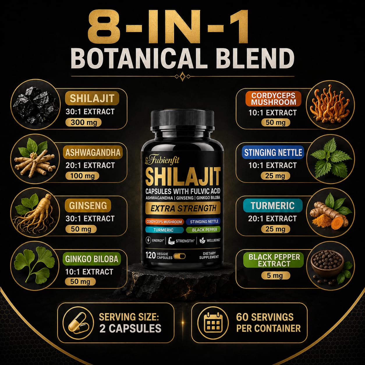 Shilajit Capsules with Fulvic Acid and 8 Herbal Extracts, 120 Count — Amazon image 5
