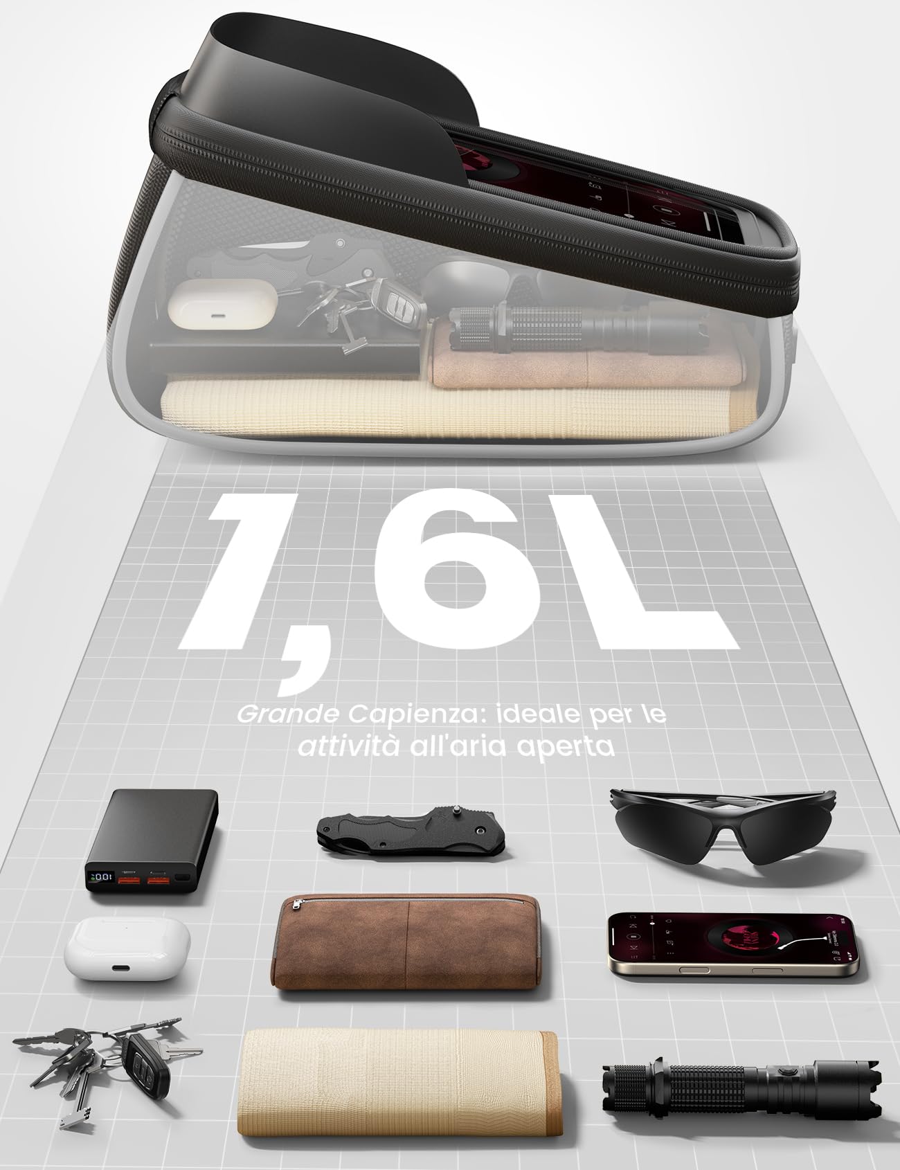 Lamicall Borsa Telaio Bici Impermeabile - [1,6 L Grande Capacità] Borsa Cellulare Manubrio Biciclette con Copertura Antipioggia, Porta cellulare Bici con Touch Screen in TPU per Smartphone Fino a 7"