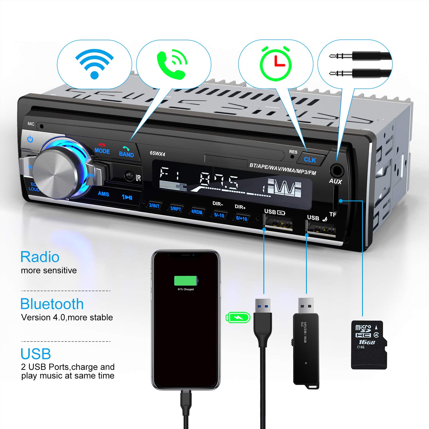 Autoradio 1 DIN Bluetooth 5.0 Con Controllo APP – Lettore MP3, USB/TF/AUX, Ricarica Rapida, FM/AM, Supporto Per Telefono E 7 Colori Retroilluminazione
