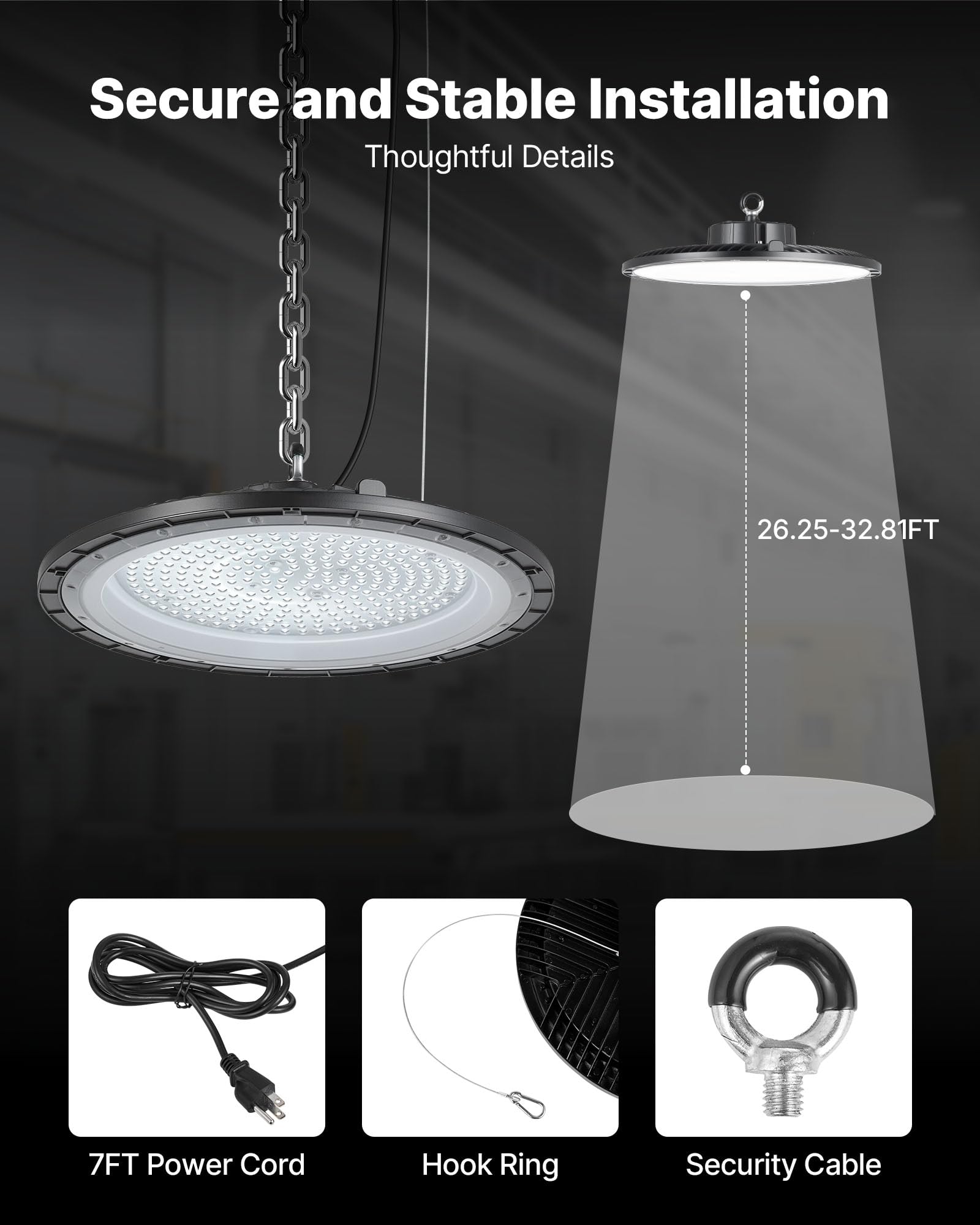 VEVOR Luminaire Haute Baie Lot de 10 Éclairage Industriel LED 5000 K 200 W 30000 lm Étanchéité IP65 Tension 100-277 V Lampe Industrielle Suspension pour Entrepôts Ateliers Usines Salles de Sport, Noir