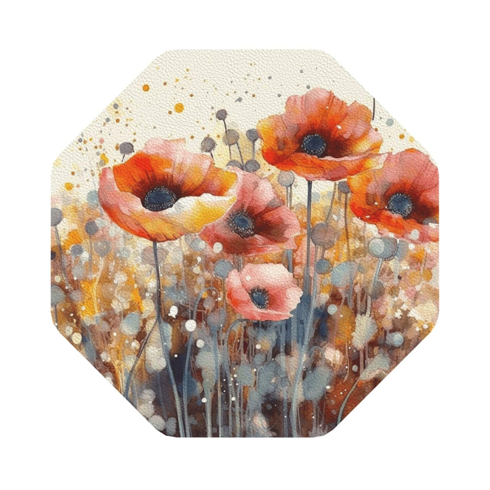 Fodpand Octagon Watercolor Red Flowers Drink Coasters Set Of 4, Heat Resistant Leather Coasters Fuuny Bar Beer Beverage Coaster For Drinks, Absorbent Cup Mat For Tabletop Protection, Housewarming Gift