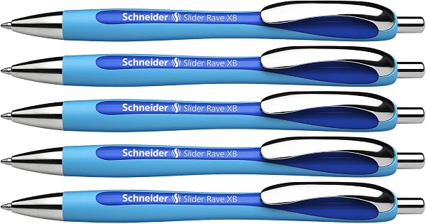 Schneider 132503 Slider Rave XB Kugelschreiber (Weiches Schreiben ohne Kratzen für lange Texte in Schule, Uni und Beruf) 5 Stück, Hellblau-Blau, Tinte: Blau - 1
