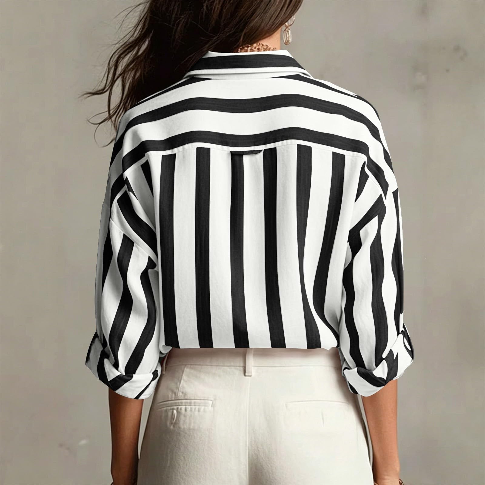 Camicetta da donna a maniche lunghe, a righe, da lavoro, con scollo a V, con bottoni, in lino, stile vintage, casual