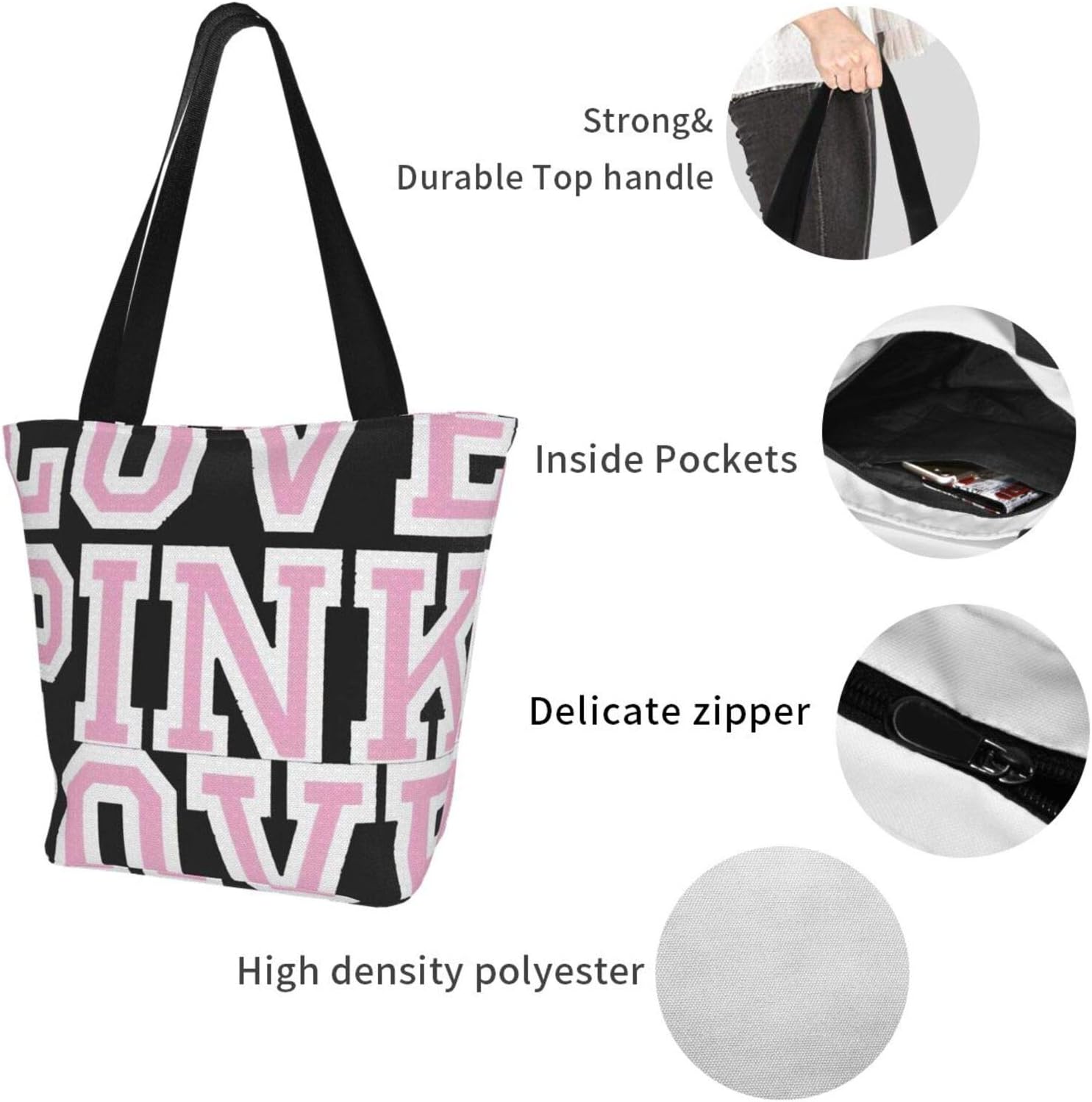 antcreptson Victoria Secret Love Pink Canvas Tote Bag Large Women Casual Shoulder Bag Handbag, Reusable Multipurpose Heavy Duty Shopping Grocery Cotton Bag for Outdoors. Photo