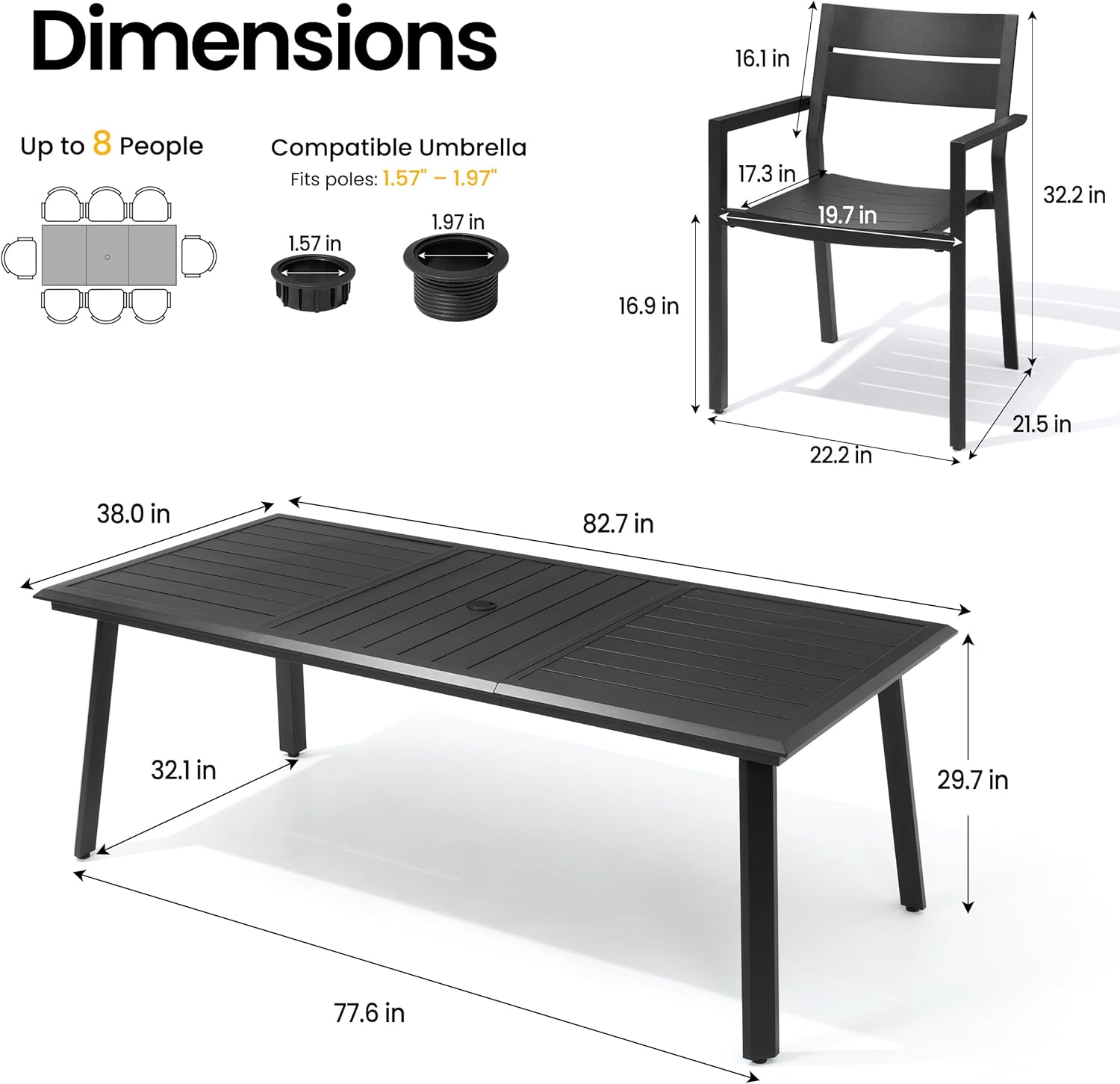 9-Piece Aluminum Outdoor Dining Set, 82" Large Rectangular Patio Table & 8 Stackable Armchairs Rust Proof Outdoor Furniture with Umbrella Hole for Lawn Garden Deck, Black