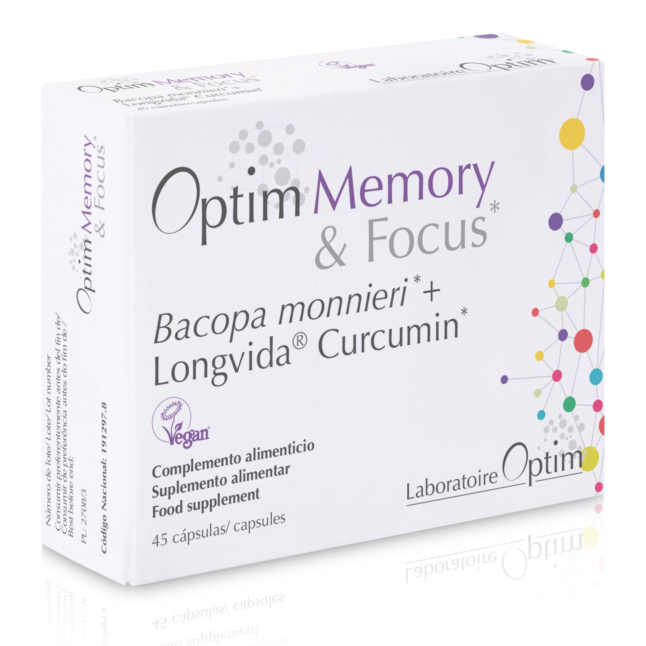 OPTIM Memory Bacopa Monnieri Brahmi et Curcumine Longvida 45 Gélules | Capsules concentration mémoire pour adulte adolescent ou étudiant, Complément alimentaire