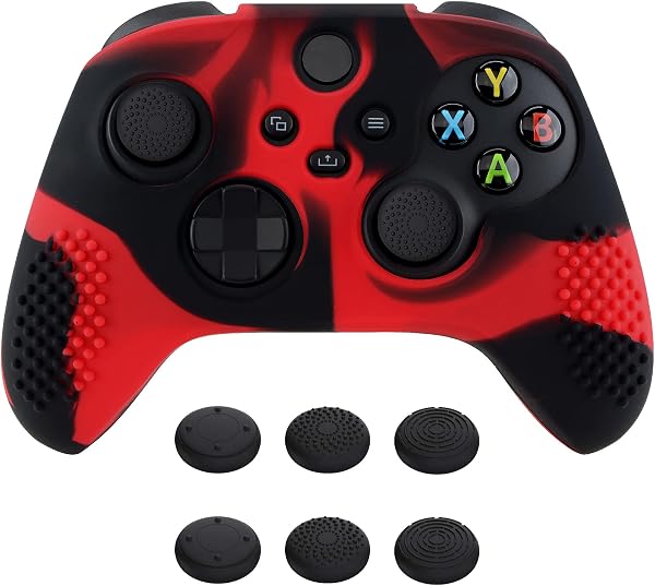eXtremeRate PlayVital 3D Studded Edition Anti-Slip Silicone Cover Skin for Xbox Series X Controller, Soft Rubber Case Protector for Xbox Series S Controller with Black Thumb Grip Caps - Red & Black - 1