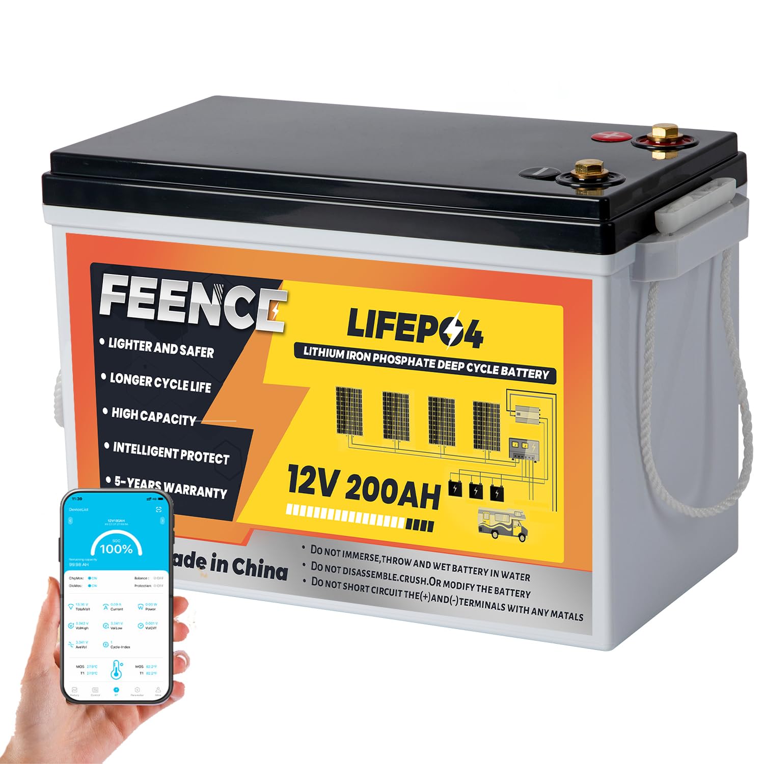 Mini batterie LiFePO4 12 V 200 Ah avec Bluetooth 200 A BMS, 15 000 cycles 2560 Wh, à cycle profond, parfaite pour camping-cars, systèmes solaires, marine, caravanes, applications hors réseau