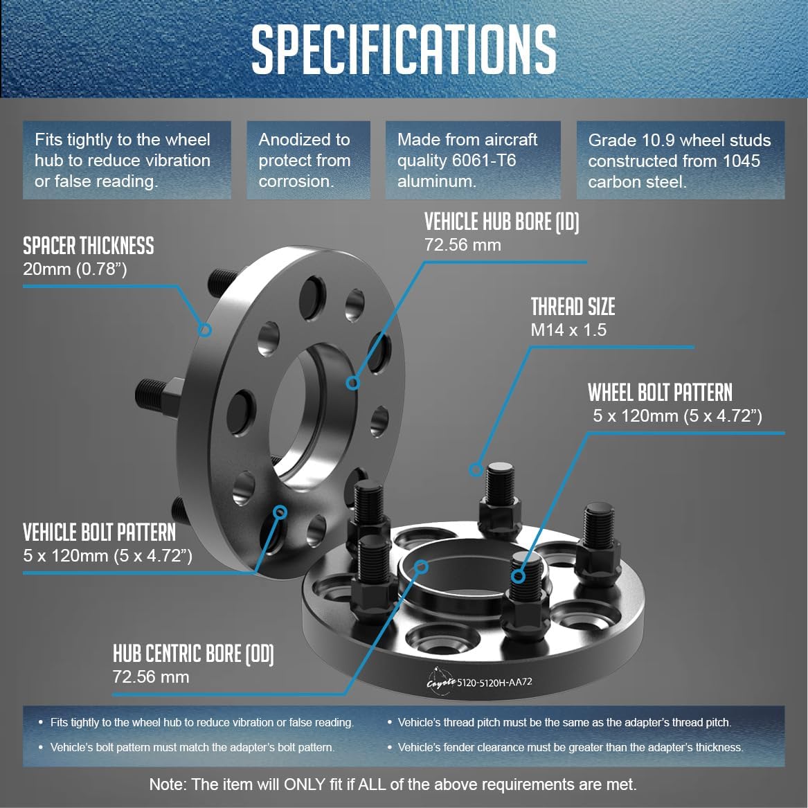 Wheel Accessories Parts 4 Pcs Hub Centric Wheel Spacers 5 on 120mm 5x120mm 20mm Thick 72.56mm Hub M14x1.5 14x1.5 Thread Stud Fits Land Rover Discovery LR3 LR4 2003-22 Range Rover