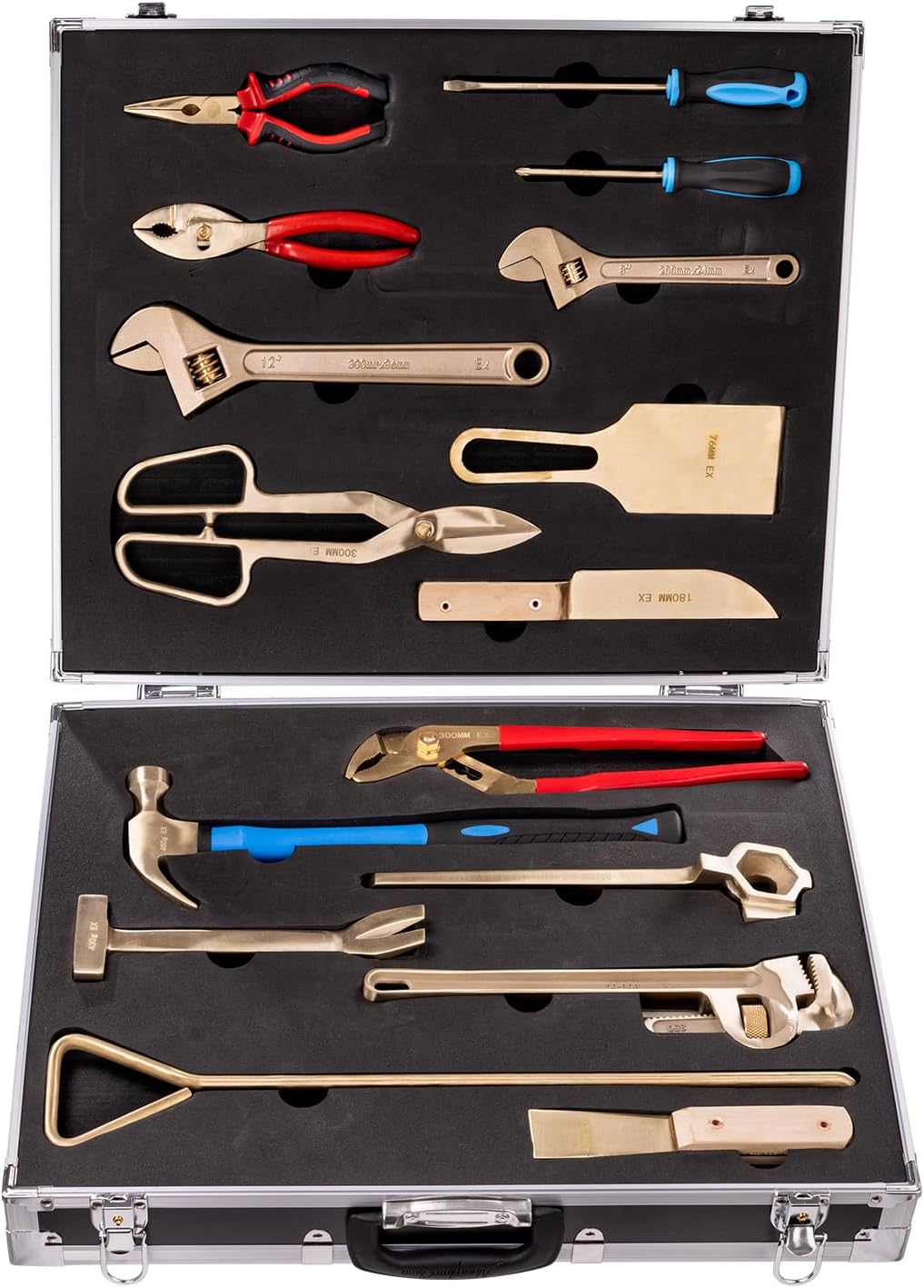 16PCS Non-Sparking Tool Set, Aluminum Bronze Safety Tools, Adjustable Wrench, Pipe Wrench, Screwdrivers, Pliers, FM Standard Compliant for Oil & Gas, Chemical, Mining and Marine