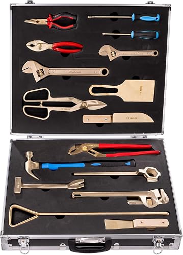 16PCS Non-Sparking Tool Set, Aluminum Bronze Safety Tools, Adjustable Wrench, Pipe Wrench, Screwdrivers, Pliers, FM Standard Compliant for Oil & Gas, Chemical, Mining and Marine