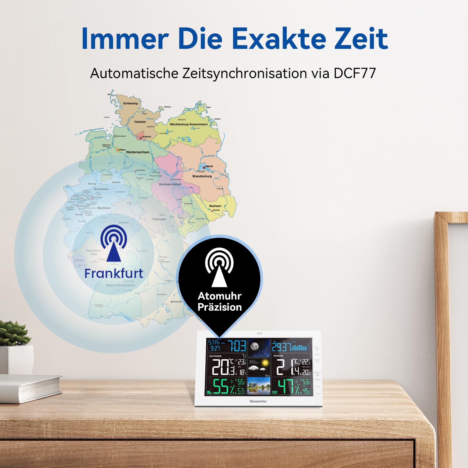 Newentor Wetterstation Funk mit Außensensor | 7,6" Farbdisplay, Funkwetterstation mit Thermometer und Hygrometer, Außensensor mit eigenem Display, Weiß, 2 Außensensoren