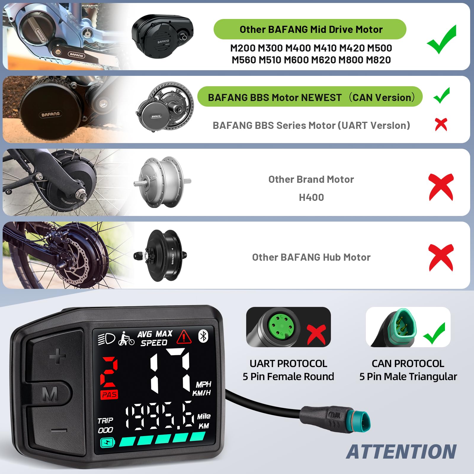 BAFANG Display Ebike a 5 pin per motori Bafang CAN, tachimetro per bicicletta con 0-9 PAS, DZ41 (M620, M600, M560, M510, M420), DC 24 V/36 V/48 V