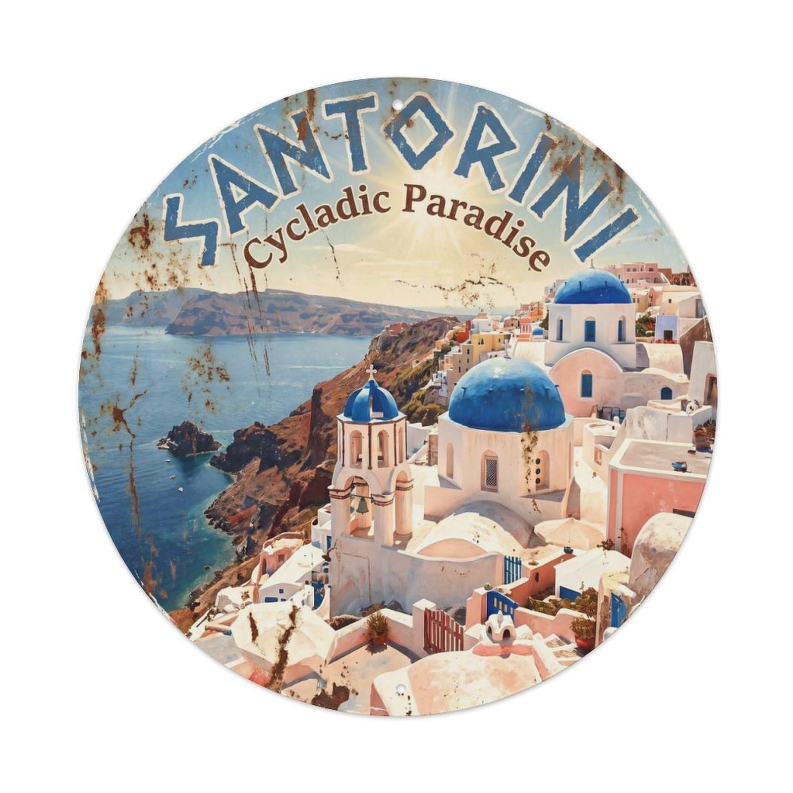 Vintage Travel Santorini Whitewashed Village Metal Tin Sign Plaque Wall Decor for Cafe, Club Bar, Office, Home Garden Round Metal Poster 8x8Inch