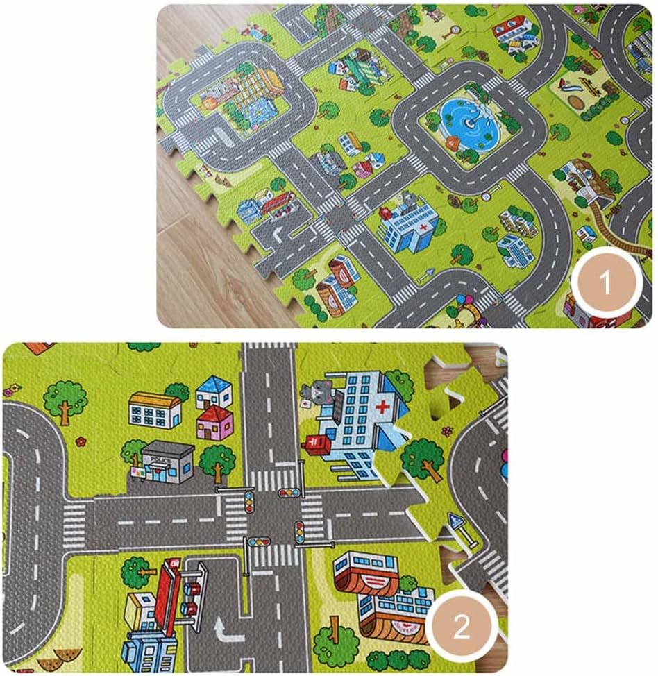 TITA-DONG Road Rally Play Foam Floor Tiles for Kids, 35"x35" Large 9 Piece Interlocking Foam Mats Soft Alternative to Race Track Rug, Great for Playing with Toy Cars Trucks(#1)