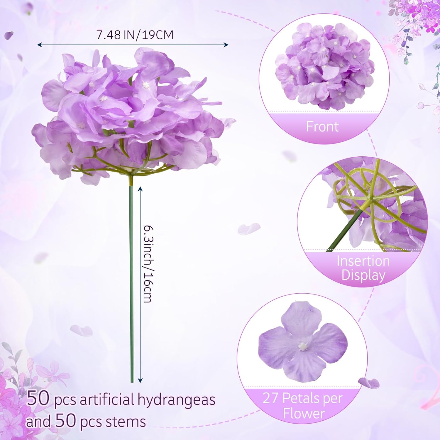 Tigeen 50 Pcs Hydrangea Artificial Flowers Bulk 7.48 Inch Artificial Hydrangeas with Removable Stems Faux Flowers Wedding Decor for Home Garden Party Decoration DIY Project (Lavender) - Image 2