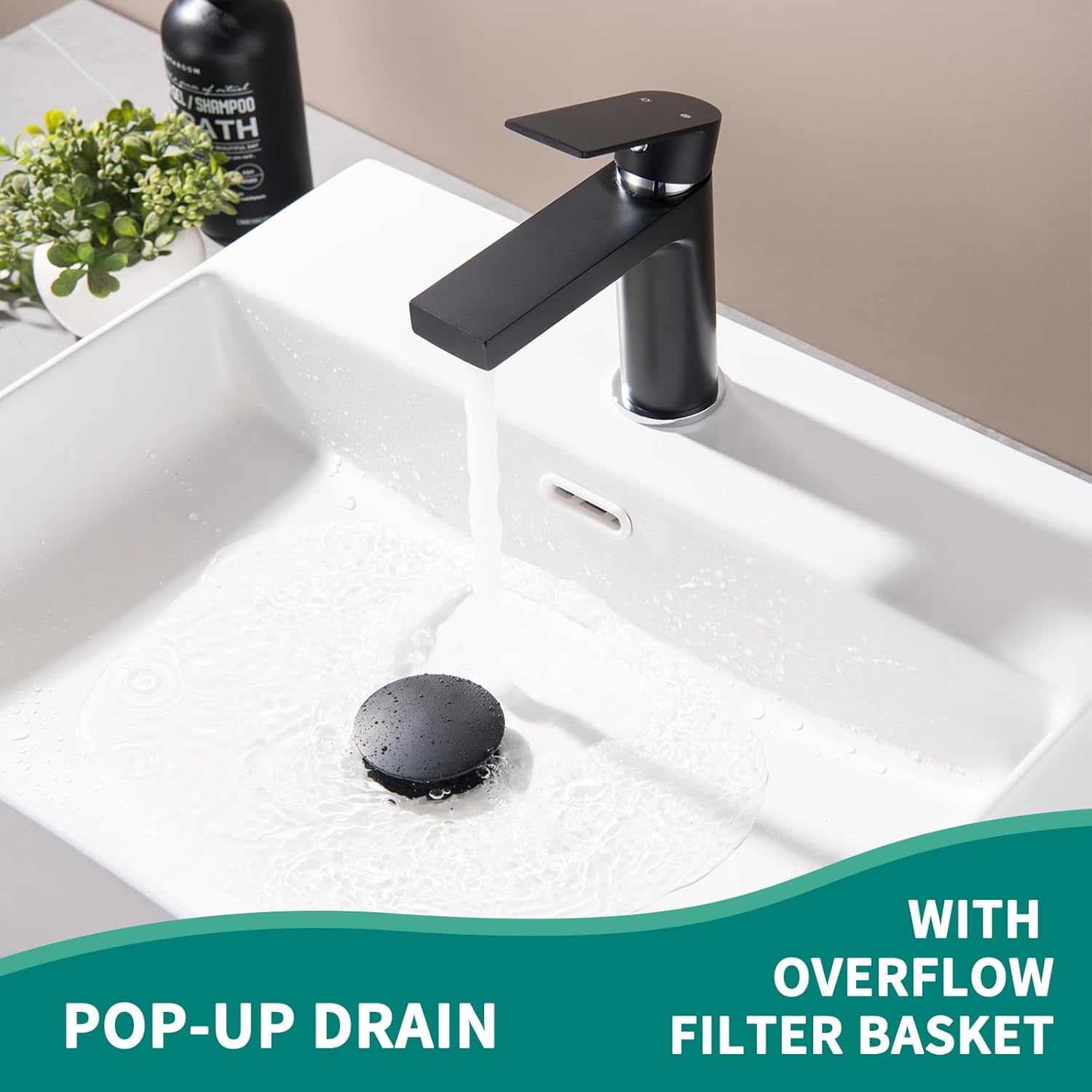 Bathroom Faucets 【SUS304 Stainless Steel】 Black Bathroom Faucet 1 Hole + Black Sink Drain with Overflow Pop Up Sink Drain Stopper