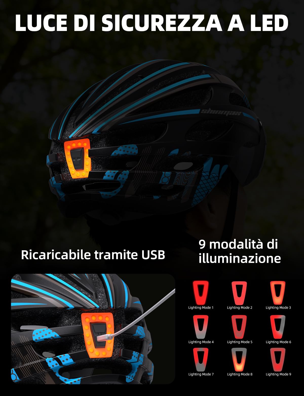 Shinmax Casco Bici Uomo Donna,MTB con USB Luce Protettiva UV Magnetica Visiera Adesivo Luminoso, Unisex Regolabile Casco Ciclismo per Strada Skateboard Certificato CE 57-62CM (RC-049)