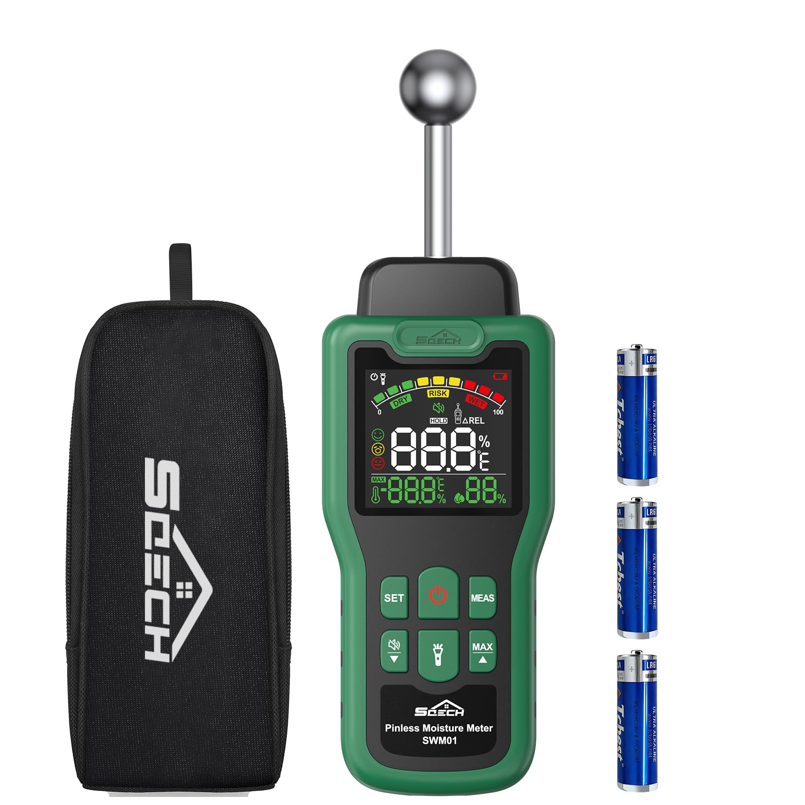 Feuchtigkeitsmessgerät, SQECH Feuchtigkeitsmesser mit Thermometer, Taschenlampe, Alarm, Multifunktionaler Feuchtemessgerät mit Farb-LCD, für Wand, Holz, Mauerwerk,Wohnwagen, Wohnung