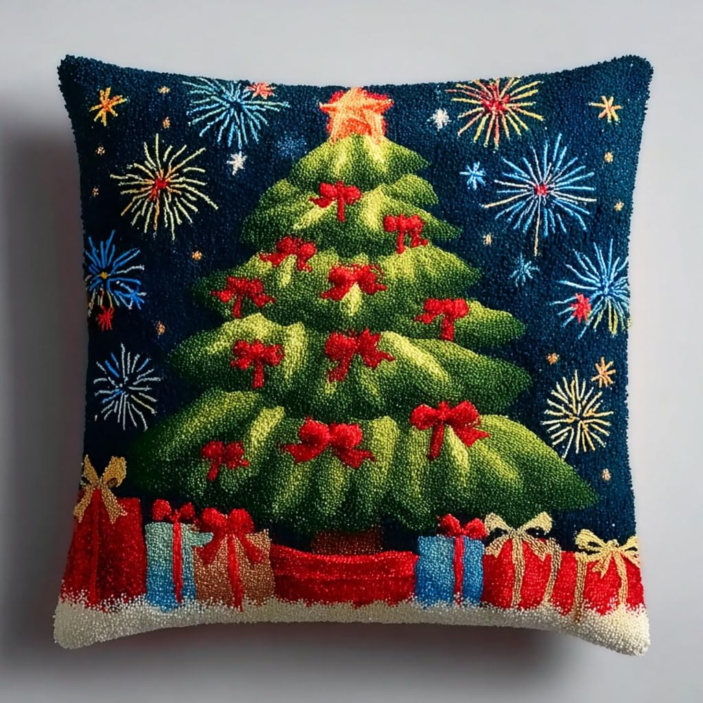 Ambattery Latch Hook Cushion Kits-B Latch Hook Kits For Adults Beginners Christmas Tree Latch Hook Pillow Kit Pre-Printed Crochet Kits Cross-Stitch Cushion For Home Sofa Decoration 17X17in