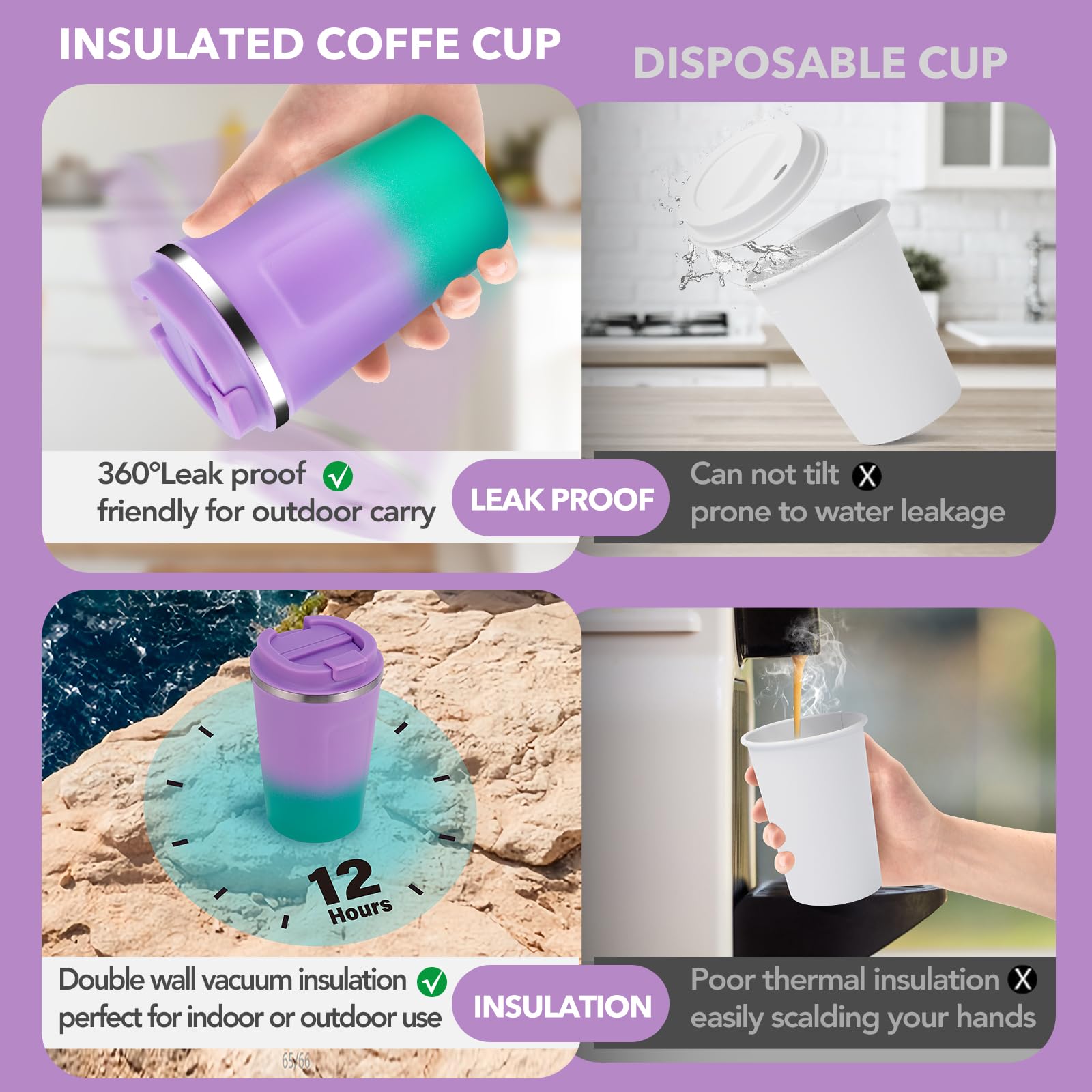 Volhoply 340ml 12oz Double Wall Insulated Vacuum Travel Coffee Mug with Flip Lid Bulk 2 Pack,Reusable Stainless Steel Leak Proof Coffee Cup,Cafe Thermal for Cold & Hot Drinks(Purple Green,2 Set) - Image 3