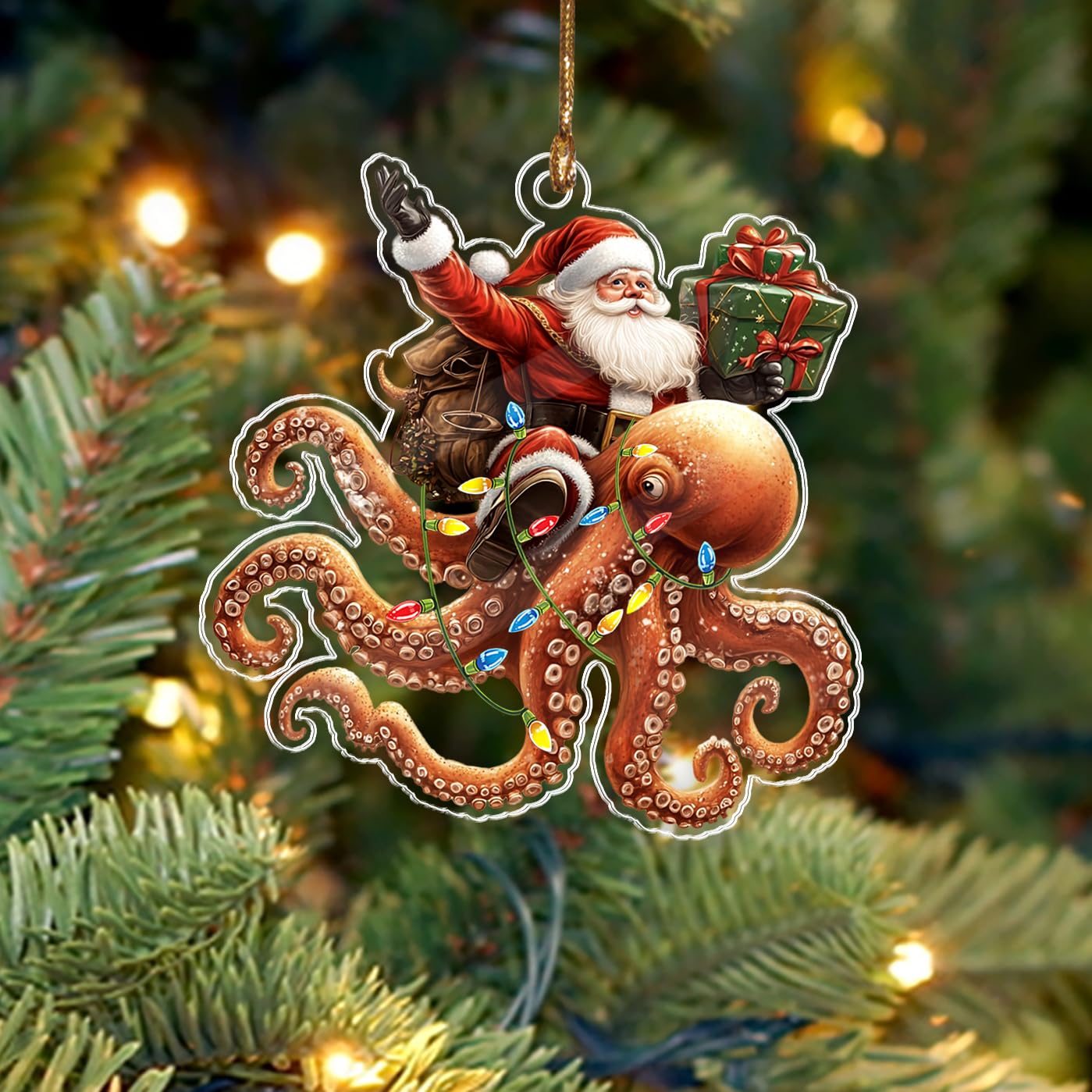 BEETHIS Funny Octopus Santa Christmas Ornament 2025 – 2D Flat Acrylic Santa and Animal Car Hanging Ornament Decoration – Hilarious for Ocean Lovers – Unique Octopus Xmas Decor 3.5''