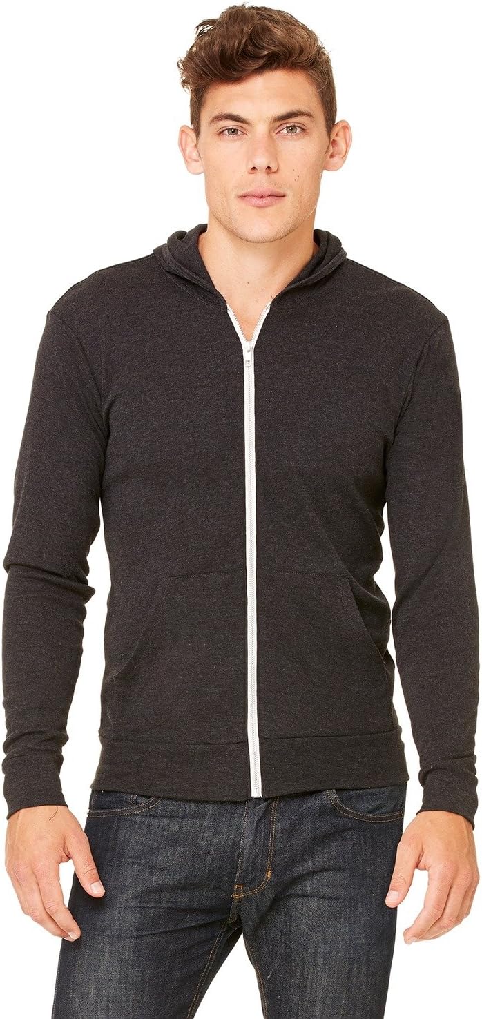 Bella Canvas Unisex Triblend Full-Zip Lightweight Hoodie - Char-Black TRIB - L - (Style # 3939 - Original Label)