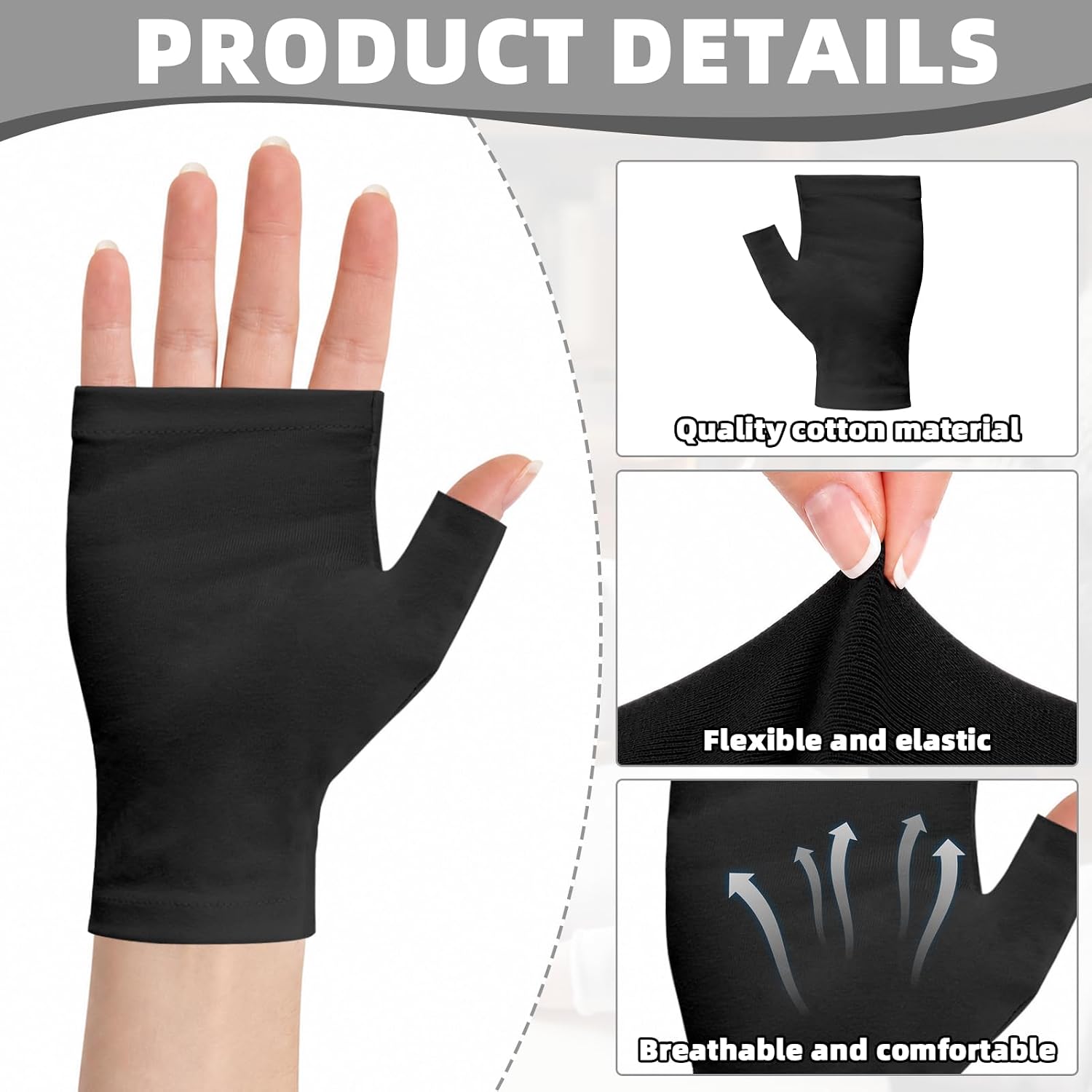 6Pcs Black Cotton Fingerless Gloves, Reusable Eczema Gloves, Moisturizing Gloves Overnight, Cotton Gloves for Dry Hands Sleeping, Hand Moisturizer Gloves, Moisture Gloves, Spa Gloves for Adults