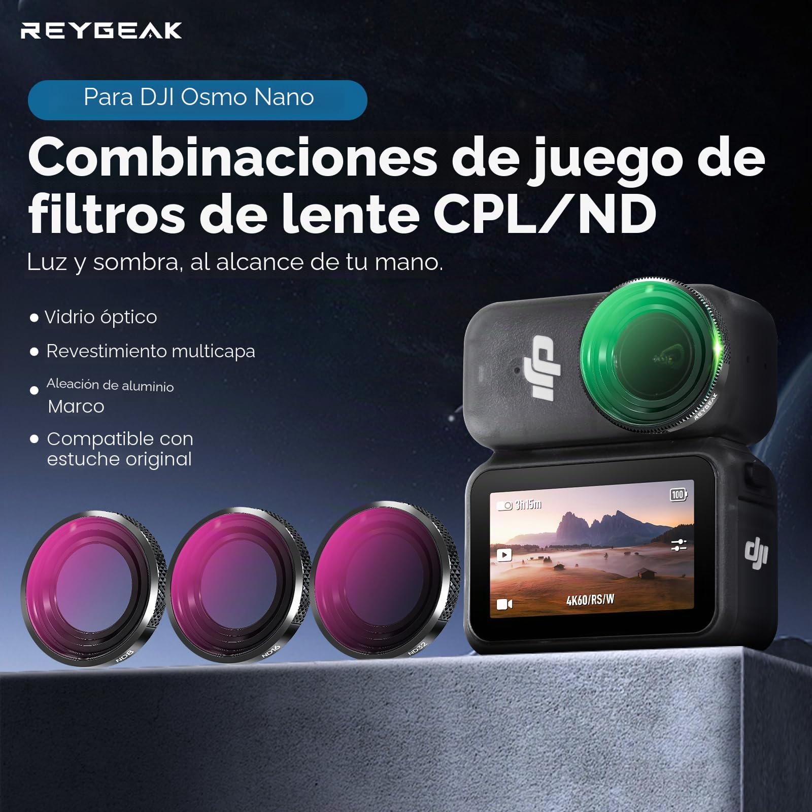REYGEAK Juego de filtros ND para dji Osmo Nano, CPL/ND8/16/32 para Osmo Nano, Marco de Aluminio Multicapa HD Optical Glass (CPL/ND8/16/32)