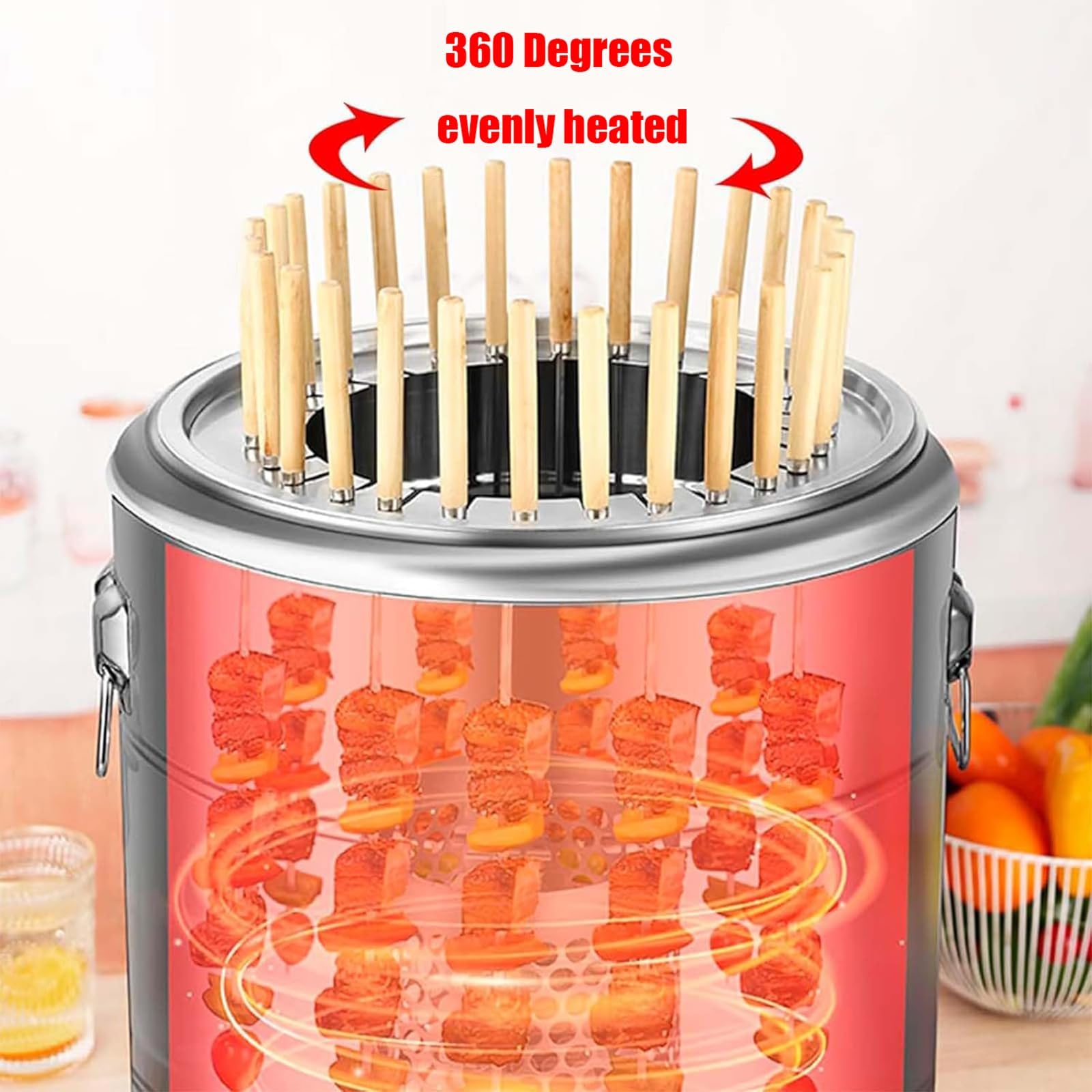Barbecue portatile a carbone con spiedini | Fusto in acciaio inox a doppio strato con separazione olio-fuoco e circolazione del calore a 360° per cucinare all'aperto