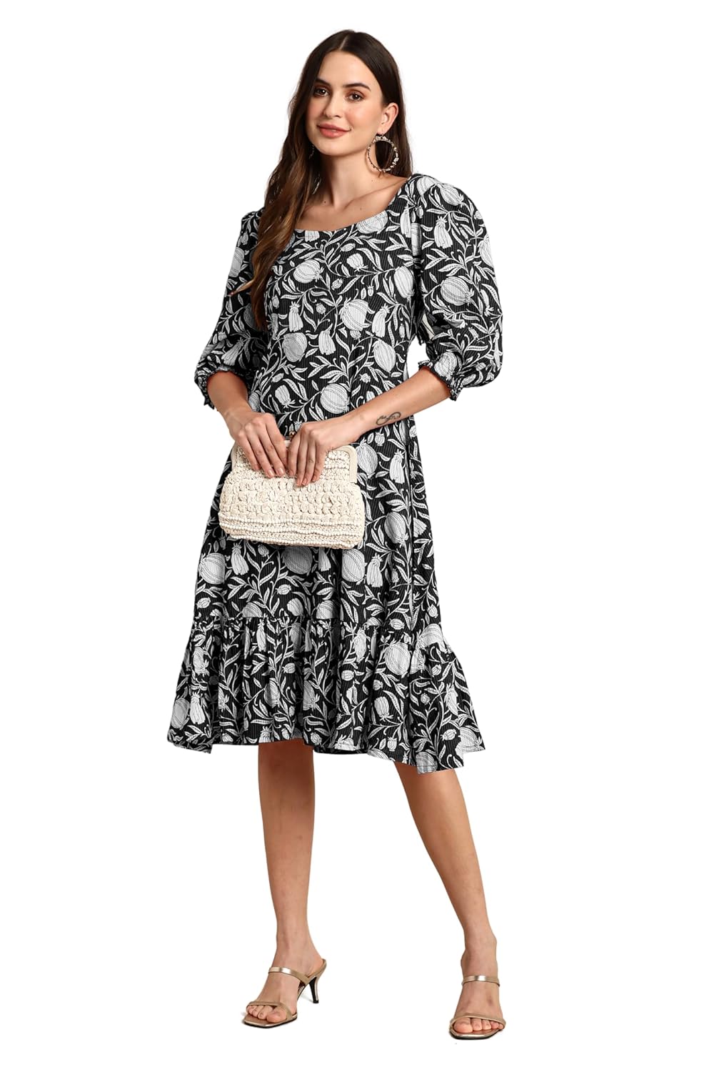 Janasya Women’s A-Line Knee Length Pure Cotton Floral Printed Dress