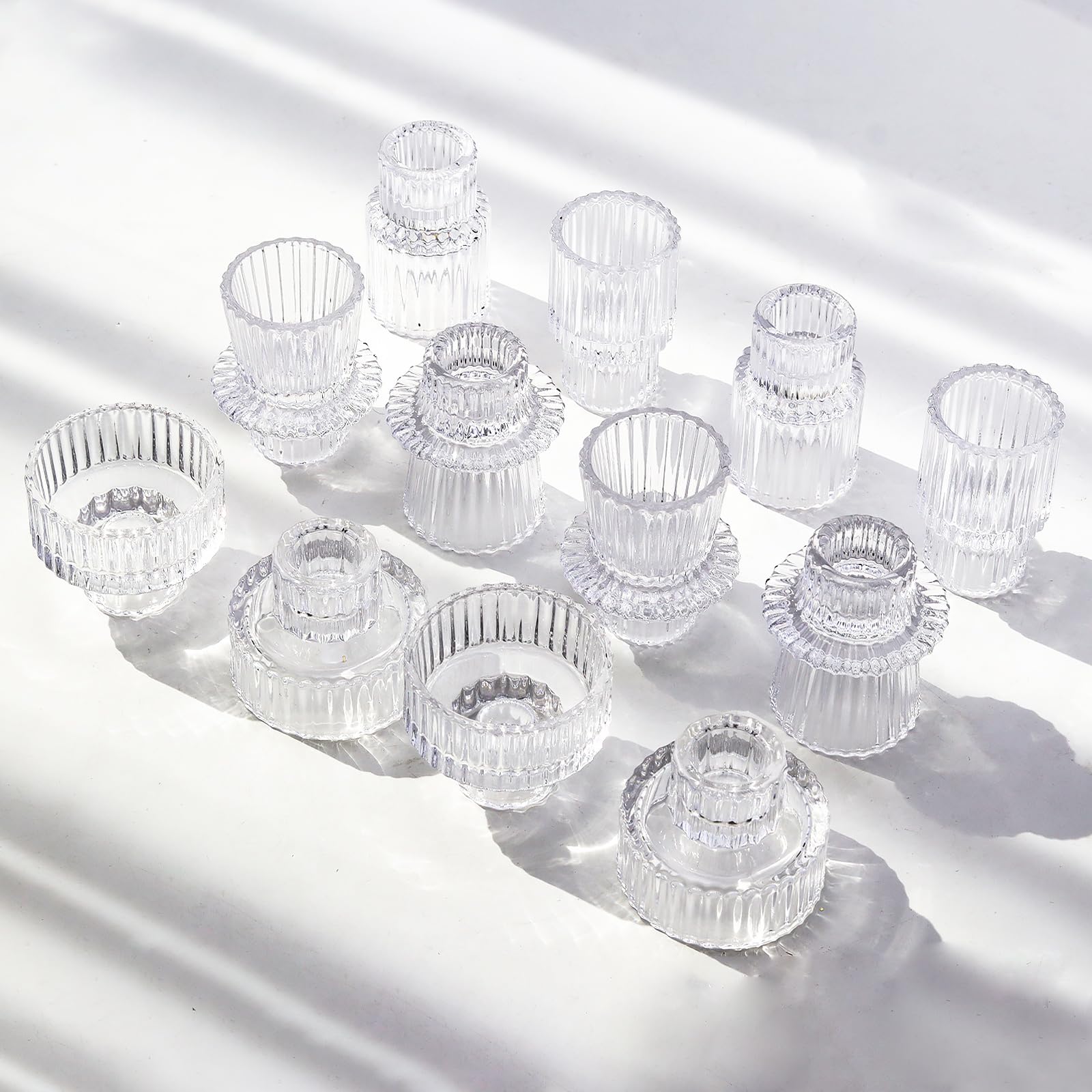 SYFURNIX Clear Candlestick Holders 12PCS Ribbed Glass Taper Candle Holders for Tealight Stick Candles Table Centerpieces Thanksgiving Christmas Indoor