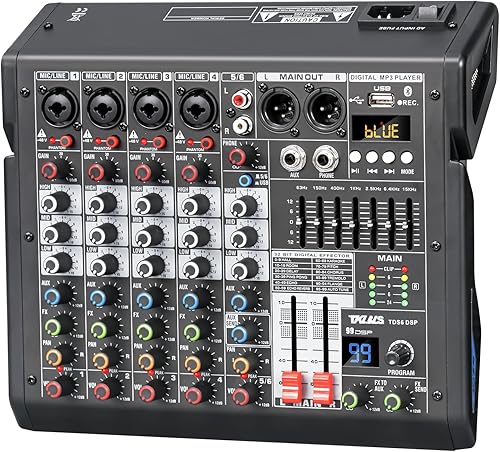 Mezclador de audio, mezclador profesional de DJ de 6 canales con efectos DSP de 99 bits, ecualizador de 7 bandas, alimentación fantasma de 48 V,