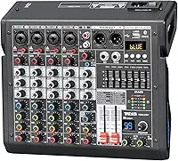 mesa de som 6 canais Mixer de áudio profissional Misturador DJ Misturador efeitos DSP de 99 bits, consola de mistura com saída Eq de 7 bandas, misturador profissional Bluetooth fantasma de +48V