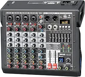 mesa de som 6 canais Mixer de áudio profissional Misturador DJ Misturador efeitos DSP de 99 bits, consola de mistura com saída Eq de 7 bandas, misturador profissional Bluetooth fantasma de +48V