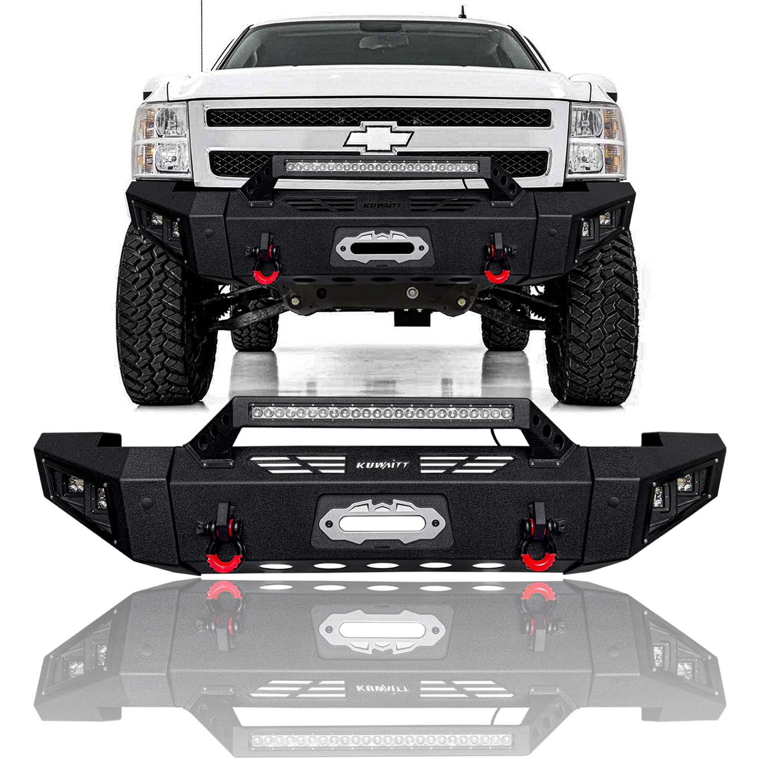 LUYWTE For 2007-2013 Chevy Silverado 1500 Steel New Front Bumper With Winch Plate&Lights&D-Rings（Black Texture）