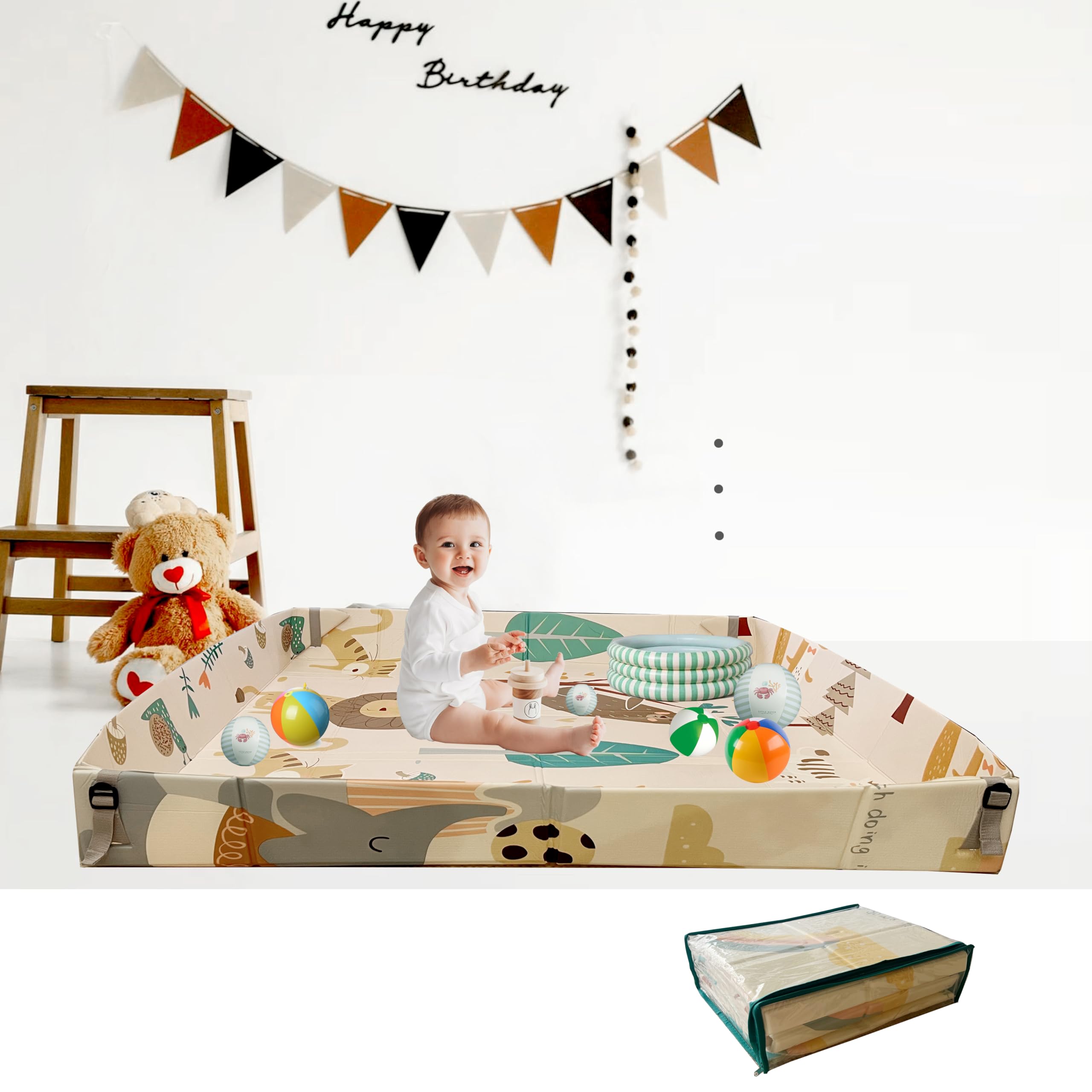 Tarkan Foldable Baby Play Mat with Raised Borders, Soft Foam Double-Sided Crawling Mat, 150 x 150 cm x 8mm, Animal Design, Compact Storage with Bag - Image 5 thumbnail