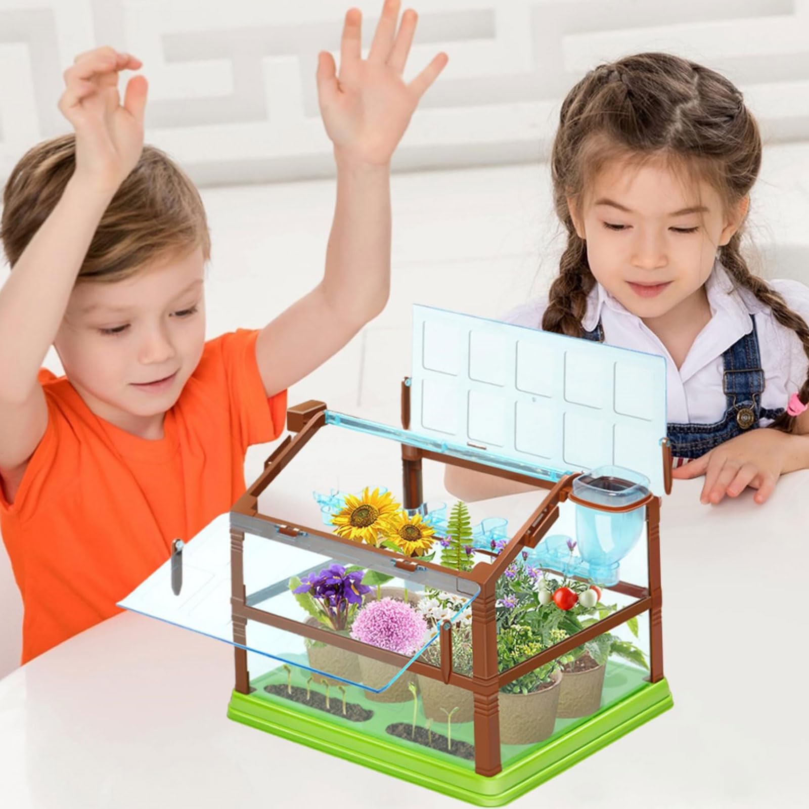 Kit de culture de plantes pour enfants avec système d'irrigation goutte à goutte et lampe de croissance à LED, jardinage éducatif pour enfants, configuration à double étage, pas de graines ou de sol