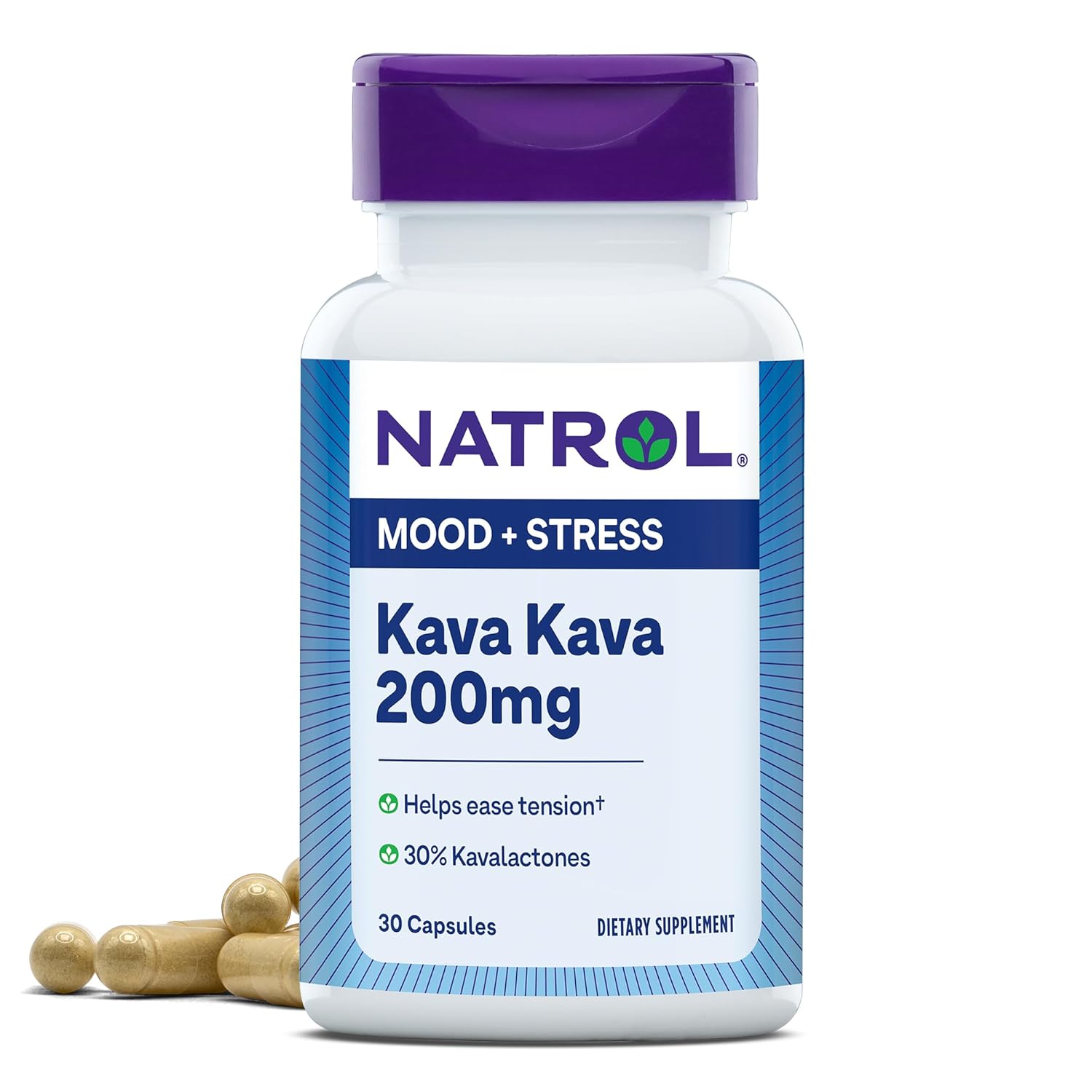 Natrol Mood Stress Kava Kava 200mg Dietary Supplement for Relaxation and Eases Tension 30 Capsules 15-30 Day Supply