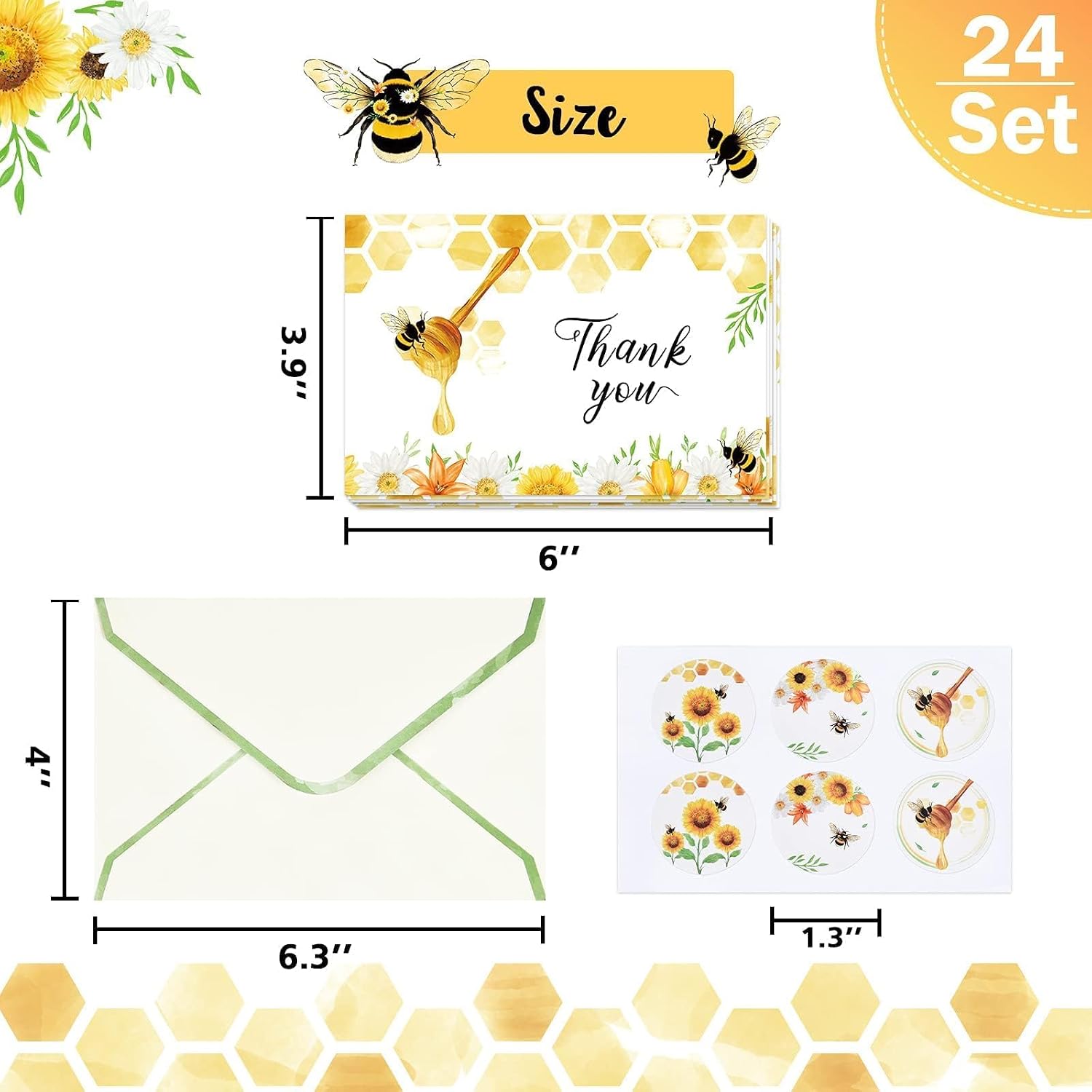WERNNSAI 24 Pack Bee Thank You Card - Bee Birthday Decorations Sunflower Thank You Cards with Envelopes Stickers Honeybee Note Cards for Kids Adults Birthday Baby Shower Party Supplies 4" x 6"
