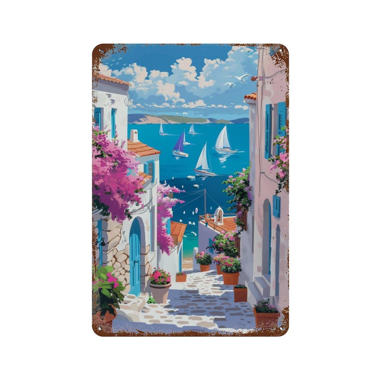 HDURYEYRYY Greek Pink Cottage Bougainvillea Bay 03 Wall Retro Iron Vintage Art Metal Tin Sign Poster Modern Home Cofffee Club Art Bar Shop Decor 30x20cm