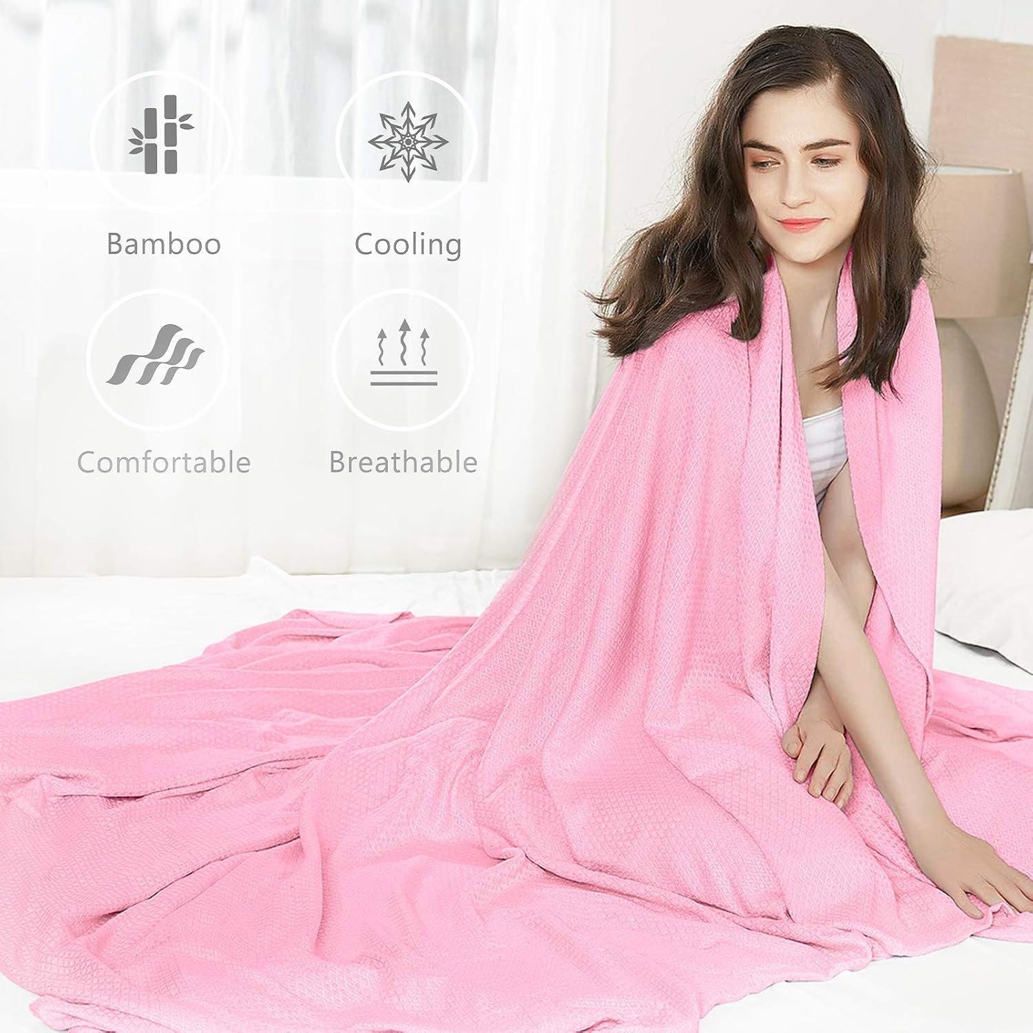 DANGTOP Cooling Blankets, Queen Size 100% Bamboo Blanket for All-Season, Cooling Blanket Absorbs Body Heat to Keep Cool on Warm Night, Ultra-Cool Lightweight Blanket for Bed (79X91 inches, Pink)