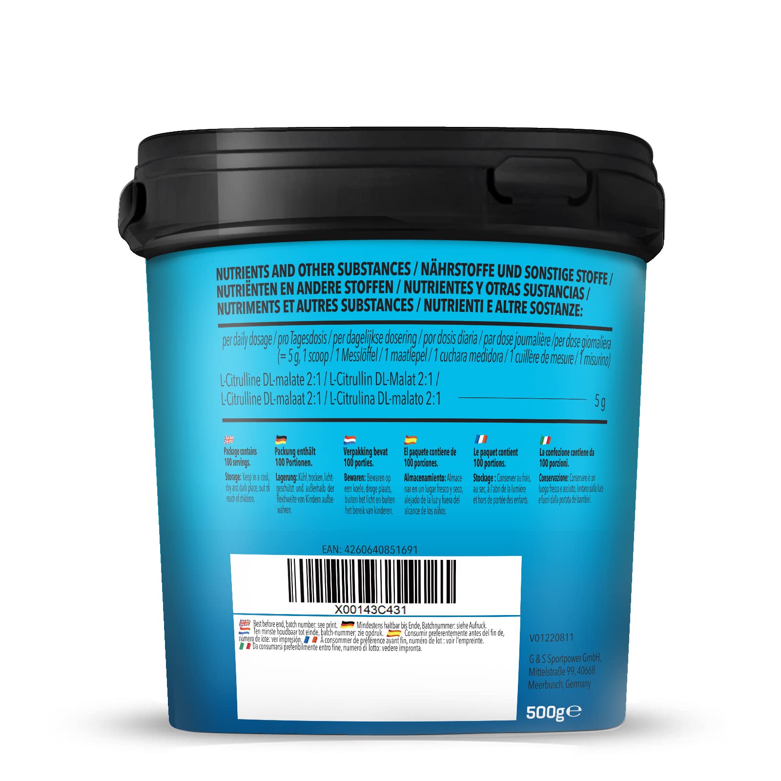 Bodylab24 L-Citrulline Malate 500g, 5g de L-Citrulline Malate par dose, dans un rapport 2:1, parfait pour les entraînements de haute intensité, poudre au goût neutre