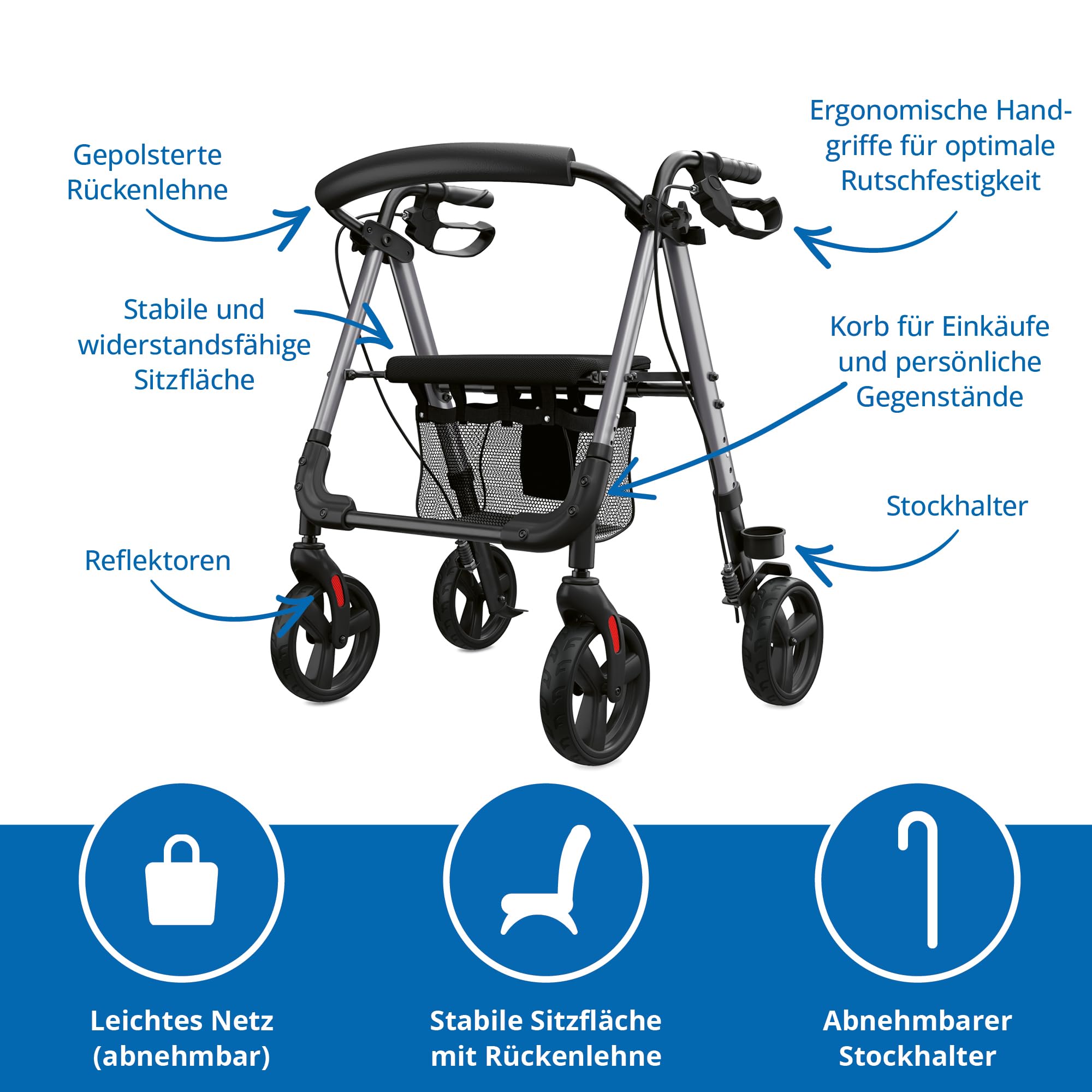 Weinberger Alu-Rollator Basic, faltbar, mit Sitzfläche, Leichtgewicht 6,2 Kg, Medizinprodukt Klasse 1, höhenverstellbar, Gehwagen, Gehhilfe, Reiserollator, 46501