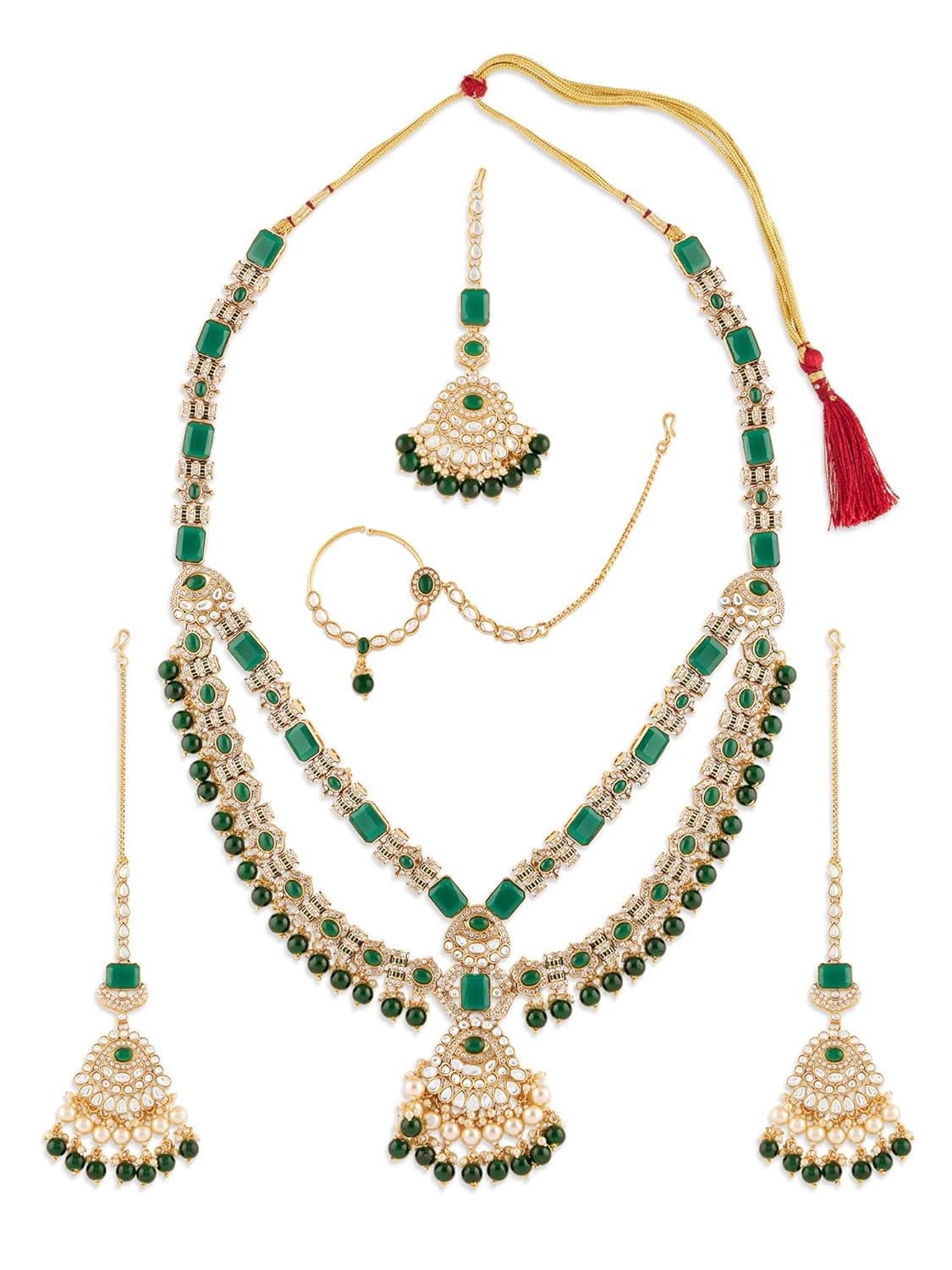 ZAVERI PEARLS Green Stone Beads Drop Kundan Bridal Long Necklace Earring Maangtikka & Nose Ring Set For Women-ZPFK21693